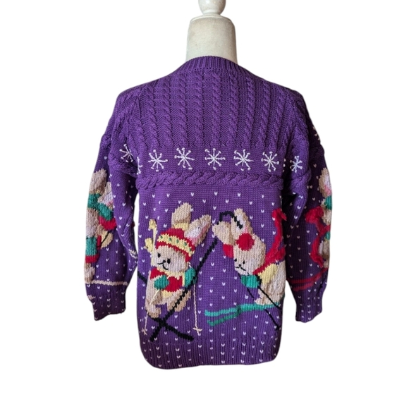 Vtg Hand Knit Ski bunnies Chunky Purple Cotton Novelty Cardigan Sweater Sz M - Picture 2 of 14